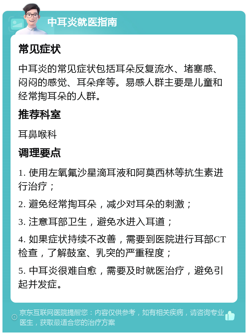 中耳炎就医指南 常见症状 中耳炎的常见症状包括耳朵反复流水、堵塞感、闷闷的感觉、耳朵痒等。易感人群主要是儿童和经常掏耳朵的人群。 推荐科室 耳鼻喉科 调理要点 1. 使用左氧氟沙星滴耳液和阿莫西林等抗生素进行治疗； 2. 避免经常掏耳朵，减少对耳朵的刺激； 3. 注意耳部卫生，避免水进入耳道； 4. 如果症状持续不改善，需要到医院进行耳部CT检查，了解鼓室、乳突的严重程度； 5. 中耳炎很难自愈，需要及时就医治疗，避免引起并发症。