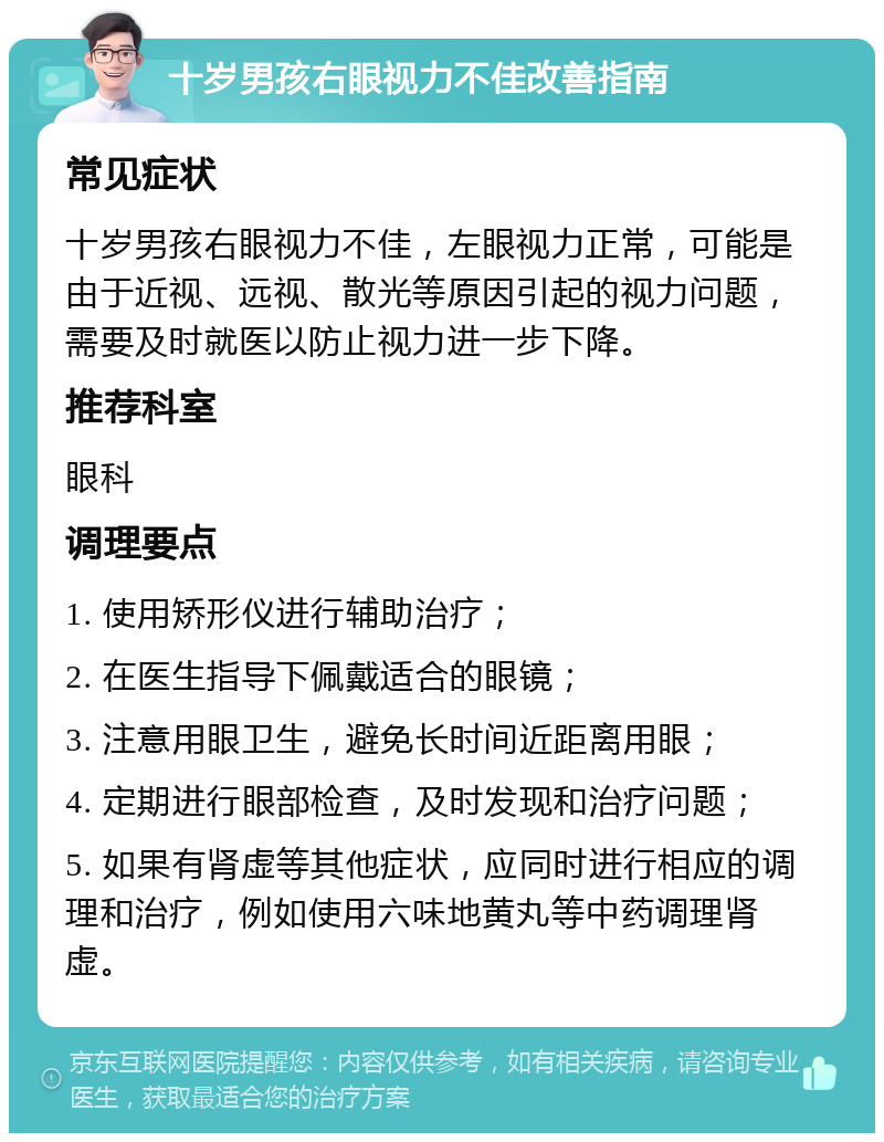 十岁男孩右眼视力不佳改善指南 常见症状 十岁男孩右眼视力不佳，左眼视力正常，可能是由于近视、远视、散光等原因引起的视力问题，需要及时就医以防止视力进一步下降。 推荐科室 眼科 调理要点 1. 使用矫形仪进行辅助治疗； 2. 在医生指导下佩戴适合的眼镜； 3. 注意用眼卫生，避免长时间近距离用眼； 4. 定期进行眼部检查，及时发现和治疗问题； 5. 如果有肾虚等其他症状，应同时进行相应的调理和治疗，例如使用六味地黄丸等中药调理肾虚。