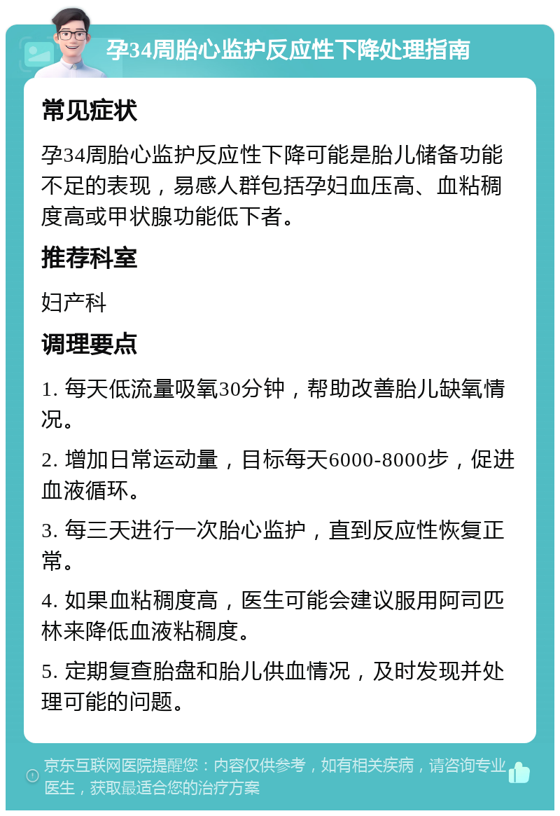 孕34周胎心监护反应性下降处理指南 常见症状 孕34周胎心监护反应性下降可能是胎儿储备功能不足的表现，易感人群包括孕妇血压高、血粘稠度高或甲状腺功能低下者。 推荐科室 妇产科 调理要点 1. 每天低流量吸氧30分钟，帮助改善胎儿缺氧情况。 2. 增加日常运动量，目标每天6000-8000步，促进血液循环。 3. 每三天进行一次胎心监护，直到反应性恢复正常。 4. 如果血粘稠度高，医生可能会建议服用阿司匹林来降低血液粘稠度。 5. 定期复查胎盘和胎儿供血情况，及时发现并处理可能的问题。