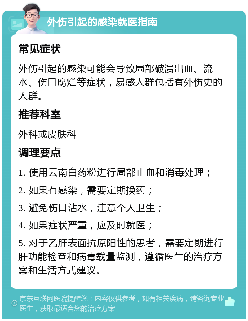 外伤引起的感染就医指南 常见症状 外伤引起的感染可能会导致局部破溃出血、流水、伤口腐烂等症状，易感人群包括有外伤史的人群。 推荐科室 外科或皮肤科 调理要点 1. 使用云南白药粉进行局部止血和消毒处理； 2. 如果有感染，需要定期换药； 3. 避免伤口沾水，注意个人卫生； 4. 如果症状严重，应及时就医； 5. 对于乙肝表面抗原阳性的患者，需要定期进行肝功能检查和病毒载量监测，遵循医生的治疗方案和生活方式建议。