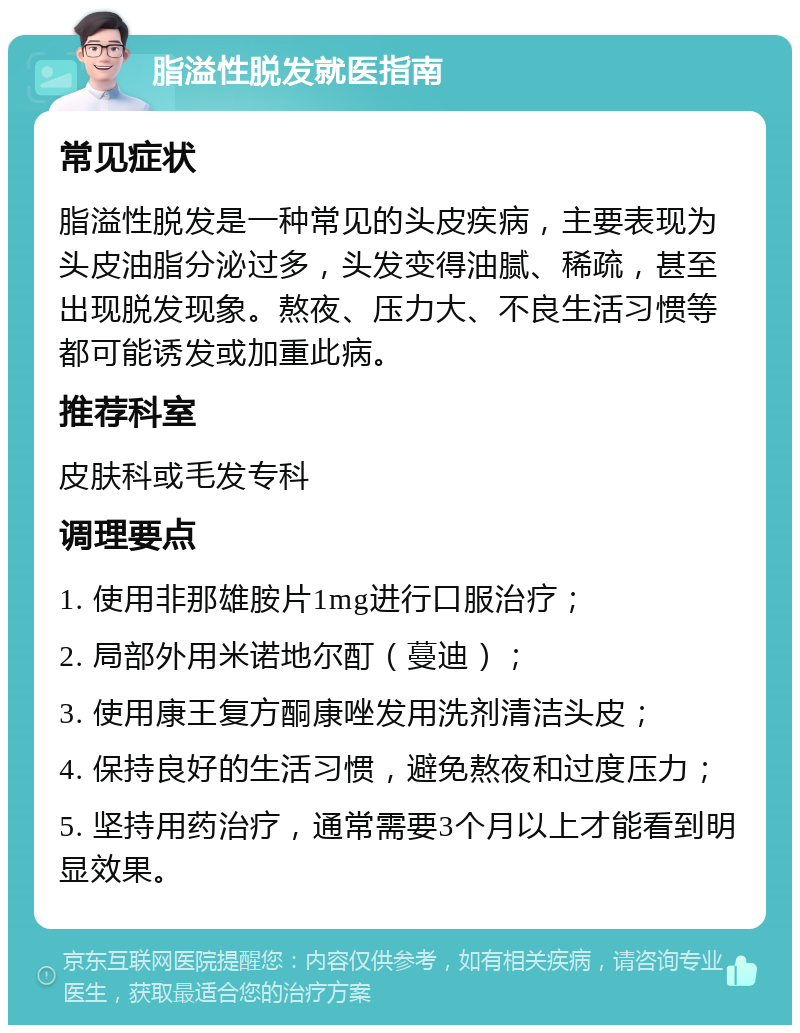 脂溢性脱发就医指南 常见症状 脂溢性脱发是一种常见的头皮疾病，主要表现为头皮油脂分泌过多，头发变得油腻、稀疏，甚至出现脱发现象。熬夜、压力大、不良生活习惯等都可能诱发或加重此病。 推荐科室 皮肤科或毛发专科 调理要点 1. 使用非那雄胺片1mg进行口服治疗； 2. 局部外用米诺地尔酊（蔓迪）； 3. 使用康王复方酮康唑发用洗剂清洁头皮； 4. 保持良好的生活习惯，避免熬夜和过度压力； 5. 坚持用药治疗，通常需要3个月以上才能看到明显效果。