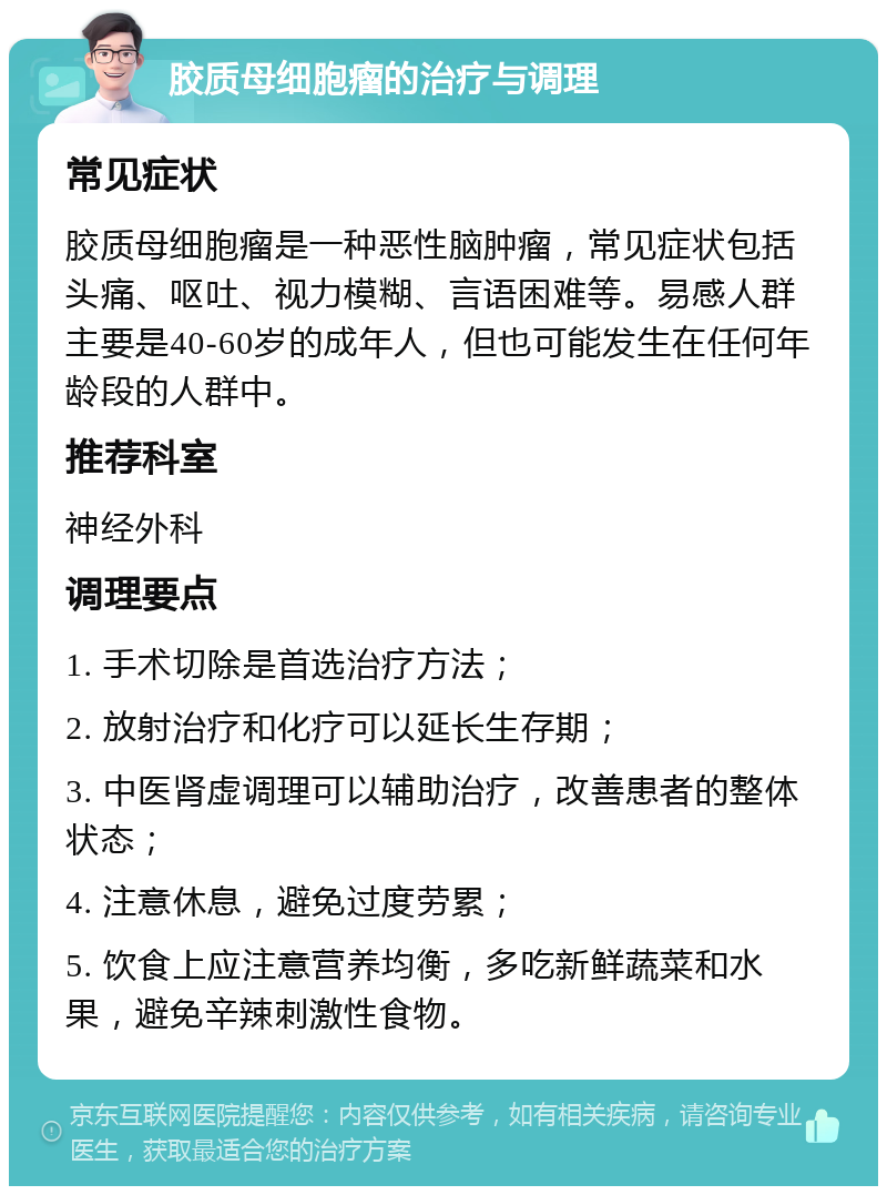 胶质母细胞瘤的治疗与调理 常见症状 胶质母细胞瘤是一种恶性脑肿瘤，常见症状包括头痛、呕吐、视力模糊、言语困难等。易感人群主要是40-60岁的成年人，但也可能发生在任何年龄段的人群中。 推荐科室 神经外科 调理要点 1. 手术切除是首选治疗方法； 2. 放射治疗和化疗可以延长生存期； 3. 中医肾虚调理可以辅助治疗，改善患者的整体状态； 4. 注意休息，避免过度劳累； 5. 饮食上应注意营养均衡，多吃新鲜蔬菜和水果，避免辛辣刺激性食物。