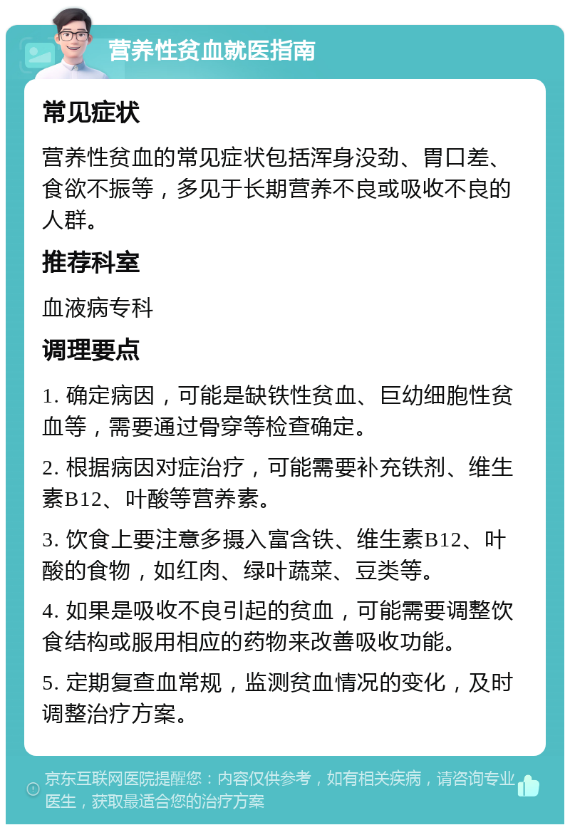 营养性贫血就医指南 常见症状 营养性贫血的常见症状包括浑身没劲、胃口差、食欲不振等，多见于长期营养不良或吸收不良的人群。 推荐科室 血液病专科 调理要点 1. 确定病因，可能是缺铁性贫血、巨幼细胞性贫血等，需要通过骨穿等检查确定。 2. 根据病因对症治疗，可能需要补充铁剂、维生素B12、叶酸等营养素。 3. 饮食上要注意多摄入富含铁、维生素B12、叶酸的食物，如红肉、绿叶蔬菜、豆类等。 4. 如果是吸收不良引起的贫血，可能需要调整饮食结构或服用相应的药物来改善吸收功能。 5. 定期复查血常规，监测贫血情况的变化，及时调整治疗方案。