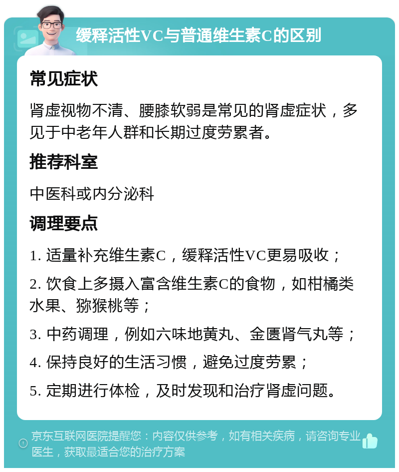 缓释活性VC与普通维生素C的区别 常见症状 肾虚视物不清、腰膝软弱是常见的肾虚症状，多见于中老年人群和长期过度劳累者。 推荐科室 中医科或内分泌科 调理要点 1. 适量补充维生素C，缓释活性VC更易吸收； 2. 饮食上多摄入富含维生素C的食物，如柑橘类水果、猕猴桃等； 3. 中药调理，例如六味地黄丸、金匮肾气丸等； 4. 保持良好的生活习惯，避免过度劳累； 5. 定期进行体检，及时发现和治疗肾虚问题。