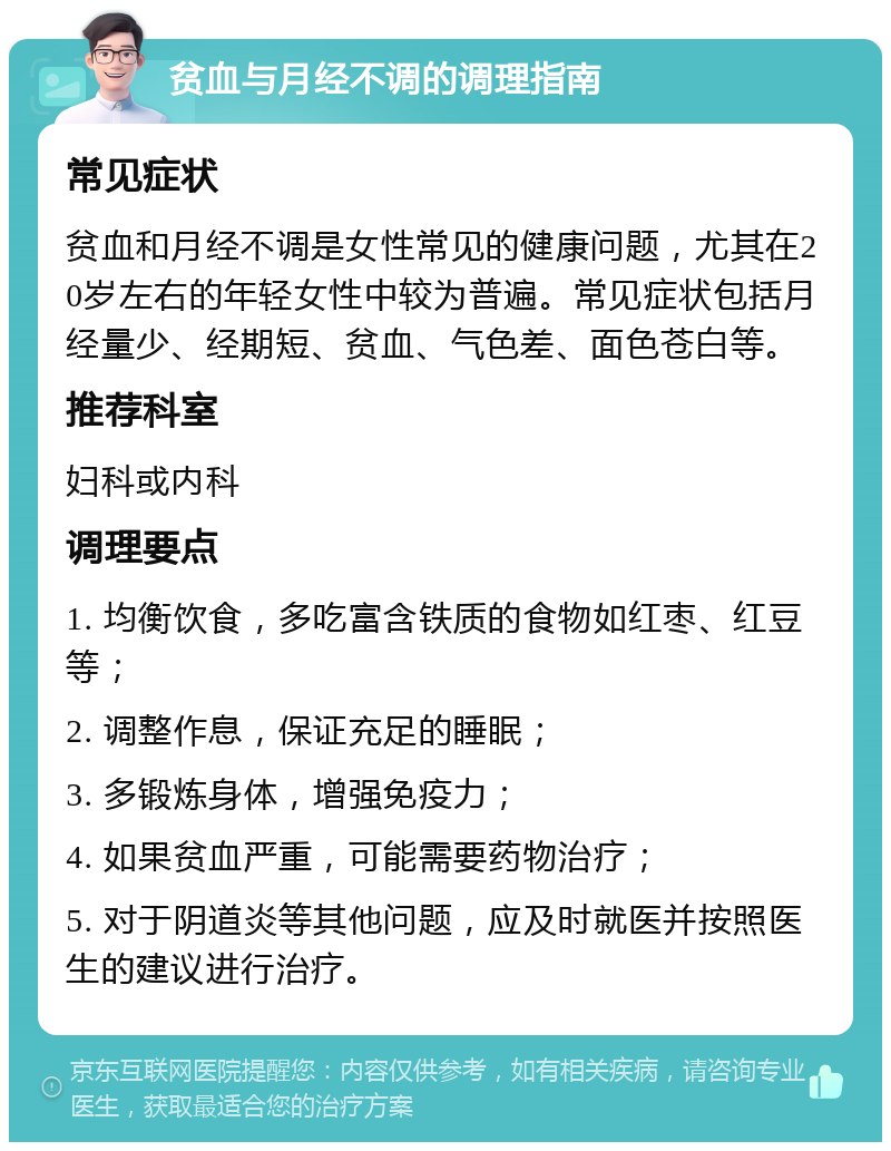 贫血与月经不调的调理指南 常见症状 贫血和月经不调是女性常见的健康问题，尤其在20岁左右的年轻女性中较为普遍。常见症状包括月经量少、经期短、贫血、气色差、面色苍白等。 推荐科室 妇科或内科 调理要点 1. 均衡饮食，多吃富含铁质的食物如红枣、红豆等； 2. 调整作息，保证充足的睡眠； 3. 多锻炼身体，增强免疫力； 4. 如果贫血严重，可能需要药物治疗； 5. 对于阴道炎等其他问题，应及时就医并按照医生的建议进行治疗。