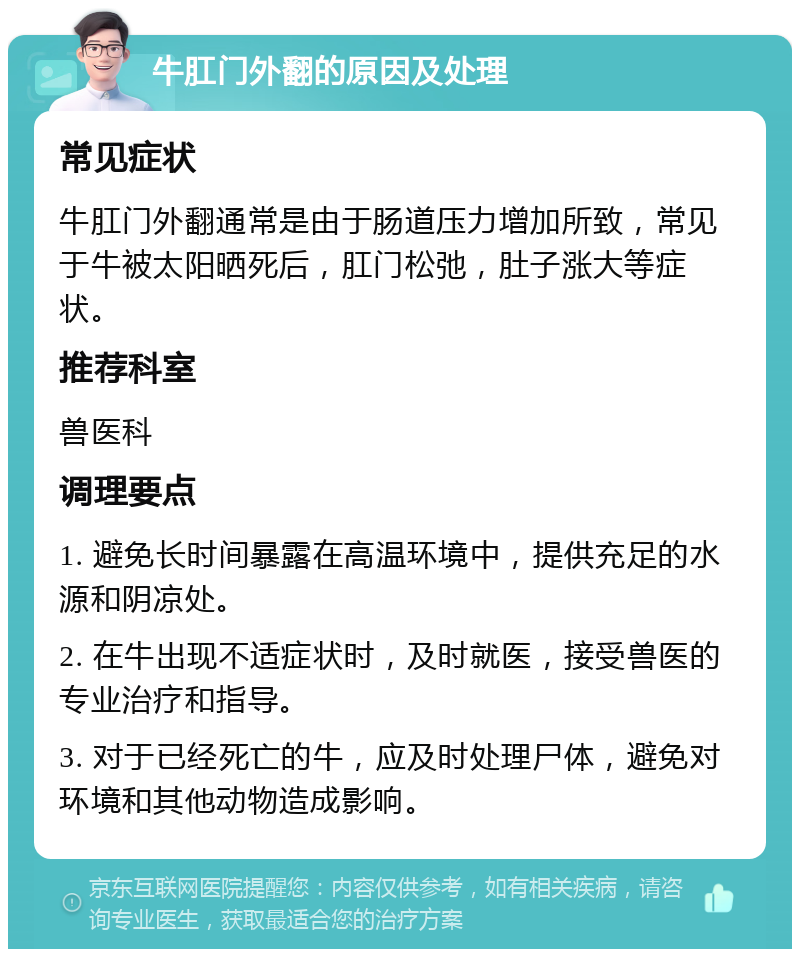 牛肛门外翻的原因及处理 常见症状 牛肛门外翻通常是由于肠道压力增加所致，常见于牛被太阳晒死后，肛门松弛，肚子涨大等症状。 推荐科室 兽医科 调理要点 1. 避免长时间暴露在高温环境中，提供充足的水源和阴凉处。 2. 在牛出现不适症状时，及时就医，接受兽医的专业治疗和指导。 3. 对于已经死亡的牛，应及时处理尸体，避免对环境和其他动物造成影响。