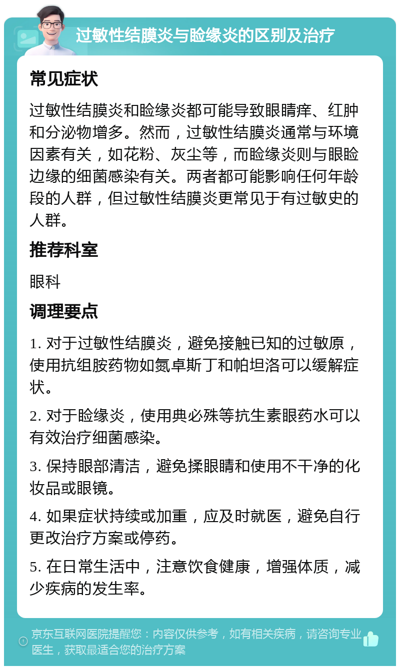 过敏性结膜炎与睑缘炎的区别及治疗 常见症状 过敏性结膜炎和睑缘炎都可能导致眼睛痒、红肿和分泌物增多。然而，过敏性结膜炎通常与环境因素有关，如花粉、灰尘等，而睑缘炎则与眼睑边缘的细菌感染有关。两者都可能影响任何年龄段的人群，但过敏性结膜炎更常见于有过敏史的人群。 推荐科室 眼科 调理要点 1. 对于过敏性结膜炎，避免接触已知的过敏原，使用抗组胺药物如氮卓斯丁和帕坦洛可以缓解症状。 2. 对于睑缘炎，使用典必殊等抗生素眼药水可以有效治疗细菌感染。 3. 保持眼部清洁，避免揉眼睛和使用不干净的化妆品或眼镜。 4. 如果症状持续或加重，应及时就医，避免自行更改治疗方案或停药。 5. 在日常生活中，注意饮食健康，增强体质，减少疾病的发生率。