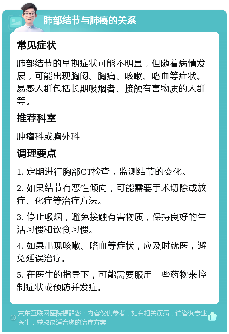 肺部结节与肺癌的关系 常见症状 肺部结节的早期症状可能不明显，但随着病情发展，可能出现胸闷、胸痛、咳嗽、咯血等症状。易感人群包括长期吸烟者、接触有害物质的人群等。 推荐科室 肿瘤科或胸外科 调理要点 1. 定期进行胸部CT检查，监测结节的变化。 2. 如果结节有恶性倾向，可能需要手术切除或放疗、化疗等治疗方法。 3. 停止吸烟，避免接触有害物质，保持良好的生活习惯和饮食习惯。 4. 如果出现咳嗽、咯血等症状，应及时就医，避免延误治疗。 5. 在医生的指导下，可能需要服用一些药物来控制症状或预防并发症。