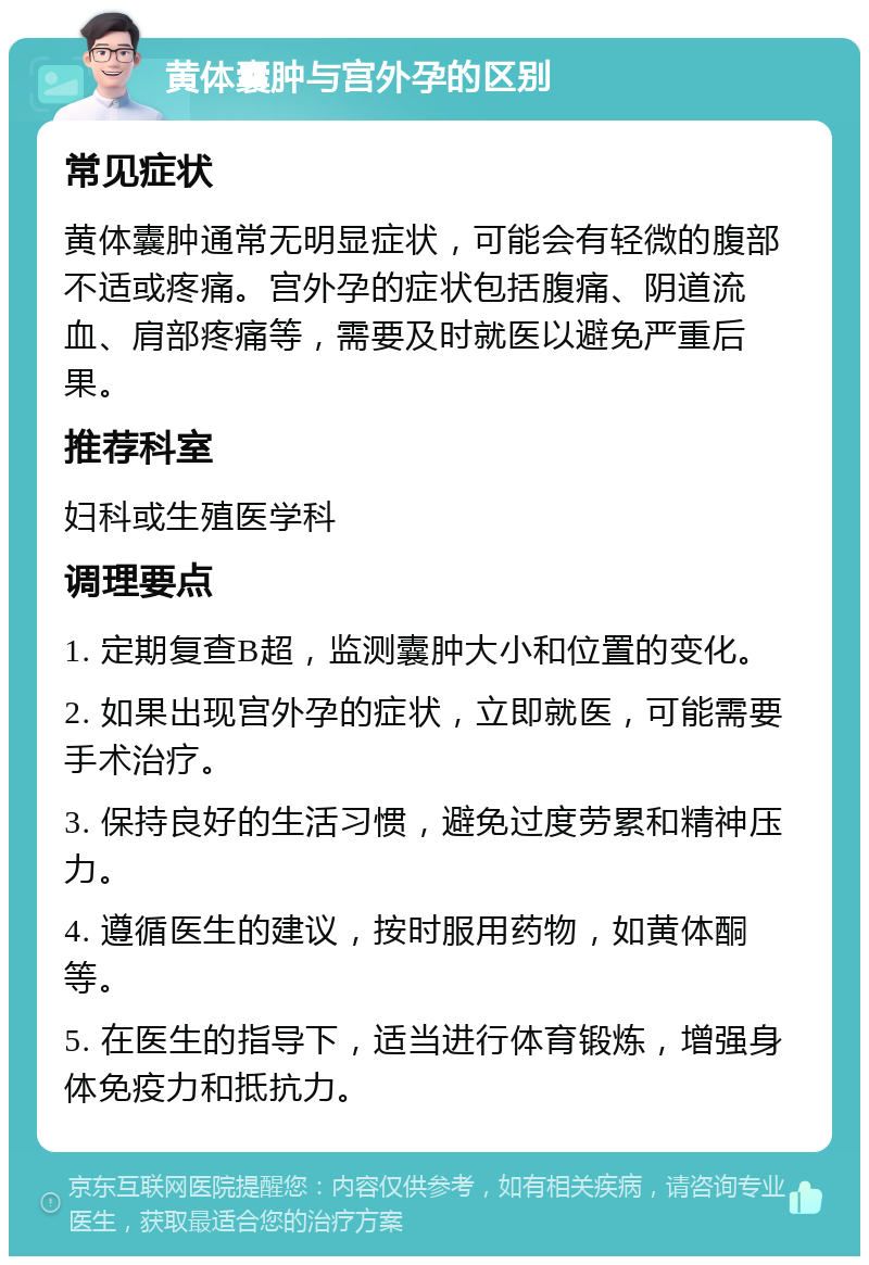 黄体囊肿与宫外孕的区别 常见症状 黄体囊肿通常无明显症状，可能会有轻微的腹部不适或疼痛。宫外孕的症状包括腹痛、阴道流血、肩部疼痛等，需要及时就医以避免严重后果。 推荐科室 妇科或生殖医学科 调理要点 1. 定期复查B超，监测囊肿大小和位置的变化。 2. 如果出现宫外孕的症状，立即就医，可能需要手术治疗。 3. 保持良好的生活习惯，避免过度劳累和精神压力。 4. 遵循医生的建议，按时服用药物，如黄体酮等。 5. 在医生的指导下，适当进行体育锻炼，增强身体免疫力和抵抗力。