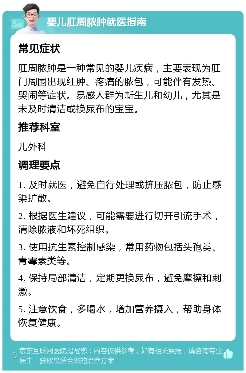 婴儿肛周脓肿就医指南 常见症状 肛周脓肿是一种常见的婴儿疾病，主要表现为肛门周围出现红肿、疼痛的脓包，可能伴有发热、哭闹等症状。易感人群为新生儿和幼儿，尤其是未及时清洁或换尿布的宝宝。 推荐科室 儿外科 调理要点 1. 及时就医，避免自行处理或挤压脓包，防止感染扩散。 2. 根据医生建议，可能需要进行切开引流手术，清除脓液和坏死组织。 3. 使用抗生素控制感染，常用药物包括头孢类、青霉素类等。 4. 保持局部清洁，定期更换尿布，避免摩擦和刺激。 5. 注意饮食，多喝水，增加营养摄入，帮助身体恢复健康。