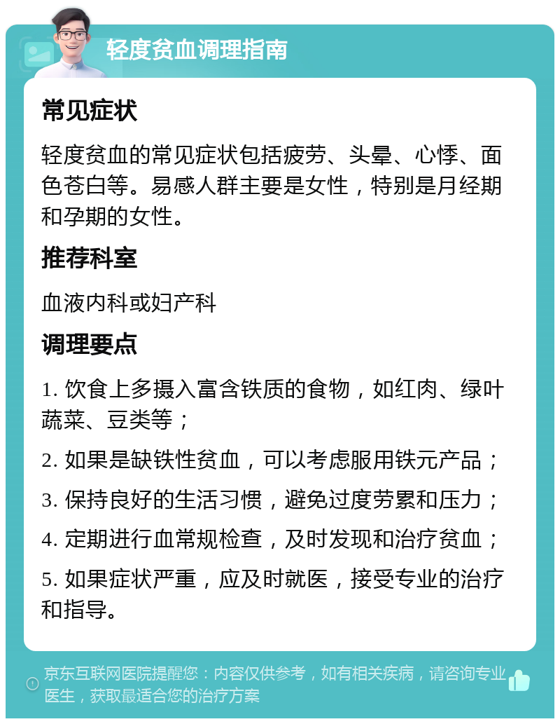 轻度贫血调理指南 常见症状 轻度贫血的常见症状包括疲劳、头晕、心悸、面色苍白等。易感人群主要是女性，特别是月经期和孕期的女性。 推荐科室 血液内科或妇产科 调理要点 1. 饮食上多摄入富含铁质的食物，如红肉、绿叶蔬菜、豆类等； 2. 如果是缺铁性贫血，可以考虑服用铁元产品； 3. 保持良好的生活习惯，避免过度劳累和压力； 4. 定期进行血常规检查，及时发现和治疗贫血； 5. 如果症状严重，应及时就医，接受专业的治疗和指导。