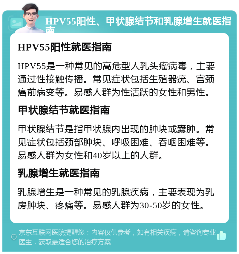 HPV55阳性、甲状腺结节和乳腺增生就医指南 HPV55阳性就医指南 HPV55是一种常见的高危型人乳头瘤病毒，主要通过性接触传播。常见症状包括生殖器疣、宫颈癌前病变等。易感人群为性活跃的女性和男性。 甲状腺结节就医指南 甲状腺结节是指甲状腺内出现的肿块或囊肿。常见症状包括颈部肿块、呼吸困难、吞咽困难等。易感人群为女性和40岁以上的人群。 乳腺增生就医指南 乳腺增生是一种常见的乳腺疾病，主要表现为乳房肿块、疼痛等。易感人群为30-50岁的女性。