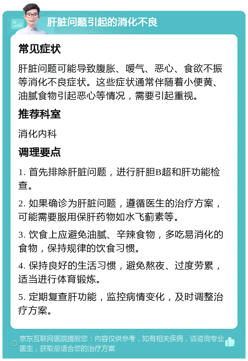 肝脏问题引起的消化不良 常见症状 肝脏问题可能导致腹胀、嗳气、恶心、食欲不振等消化不良症状。这些症状通常伴随着小便黄、油腻食物引起恶心等情况，需要引起重视。 推荐科室 消化内科 调理要点 1. 首先排除肝脏问题，进行肝胆B超和肝功能检查。 2. 如果确诊为肝脏问题，遵循医生的治疗方案，可能需要服用保肝药物如水飞蓟素等。 3. 饮食上应避免油腻、辛辣食物，多吃易消化的食物，保持规律的饮食习惯。 4. 保持良好的生活习惯，避免熬夜、过度劳累，适当进行体育锻炼。 5. 定期复查肝功能，监控病情变化，及时调整治疗方案。