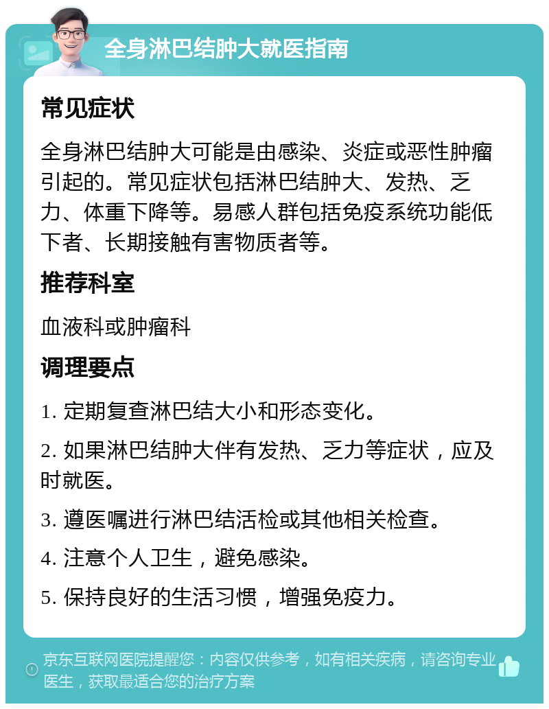 全身淋巴结肿大就医指南 常见症状 全身淋巴结肿大可能是由感染、炎症或恶性肿瘤引起的。常见症状包括淋巴结肿大、发热、乏力、体重下降等。易感人群包括免疫系统功能低下者、长期接触有害物质者等。 推荐科室 血液科或肿瘤科 调理要点 1. 定期复查淋巴结大小和形态变化。 2. 如果淋巴结肿大伴有发热、乏力等症状，应及时就医。 3. 遵医嘱进行淋巴结活检或其他相关检查。 4. 注意个人卫生，避免感染。 5. 保持良好的生活习惯，增强免疫力。