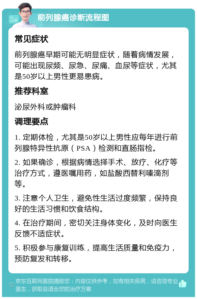 前列腺癌诊断流程图 常见症状 前列腺癌早期可能无明显症状，随着病情发展，可能出现尿频、尿急、尿痛、血尿等症状，尤其是50岁以上男性更易患病。 推荐科室 泌尿外科或肿瘤科 调理要点 1. 定期体检，尤其是50岁以上男性应每年进行前列腺特异性抗原（PSA）检测和直肠指检。 2. 如果确诊，根据病情选择手术、放疗、化疗等治疗方式，遵医嘱用药，如盐酸西替利嗪滴剂等。 3. 注意个人卫生，避免性生活过度频繁，保持良好的生活习惯和饮食结构。 4. 在治疗期间，密切关注身体变化，及时向医生反馈不适症状。 5. 积极参与康复训练，提高生活质量和免疫力，预防复发和转移。