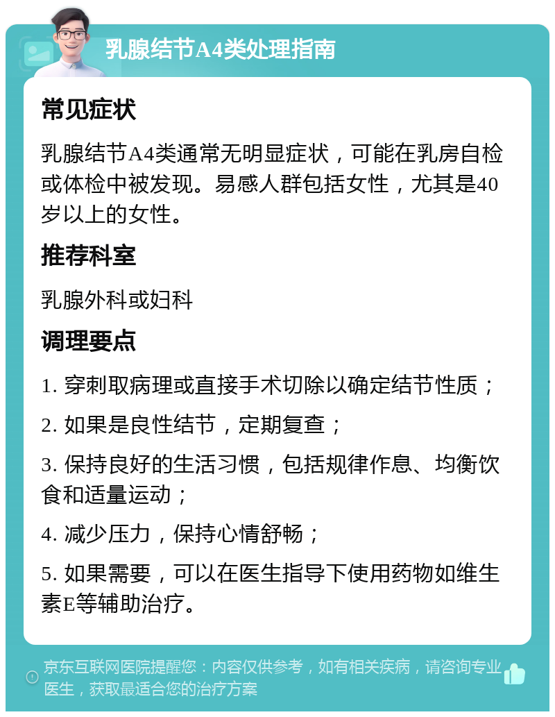 乳腺结节A4类处理指南 常见症状 乳腺结节A4类通常无明显症状，可能在乳房自检或体检中被发现。易感人群包括女性，尤其是40岁以上的女性。 推荐科室 乳腺外科或妇科 调理要点 1. 穿刺取病理或直接手术切除以确定结节性质； 2. 如果是良性结节，定期复查； 3. 保持良好的生活习惯，包括规律作息、均衡饮食和适量运动； 4. 减少压力，保持心情舒畅； 5. 如果需要，可以在医生指导下使用药物如维生素E等辅助治疗。