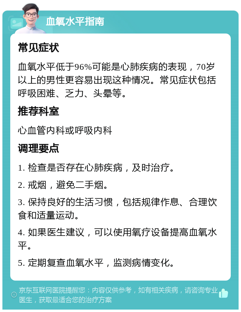 血氧水平指南 常见症状 血氧水平低于96%可能是心肺疾病的表现，70岁以上的男性更容易出现这种情况。常见症状包括呼吸困难、乏力、头晕等。 推荐科室 心血管内科或呼吸内科 调理要点 1. 检查是否存在心肺疾病，及时治疗。 2. 戒烟，避免二手烟。 3. 保持良好的生活习惯，包括规律作息、合理饮食和适量运动。 4. 如果医生建议，可以使用氧疗设备提高血氧水平。 5. 定期复查血氧水平，监测病情变化。