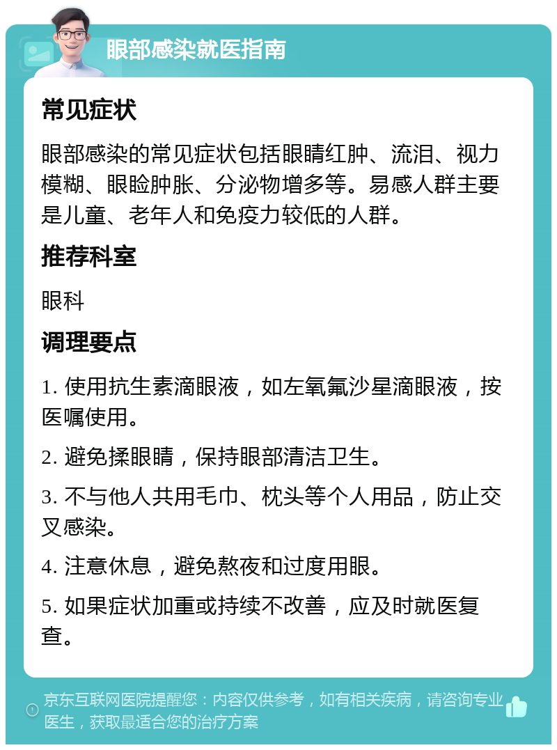 眼部感染就医指南 常见症状 眼部感染的常见症状包括眼睛红肿、流泪、视力模糊、眼睑肿胀、分泌物增多等。易感人群主要是儿童、老年人和免疫力较低的人群。 推荐科室 眼科 调理要点 1. 使用抗生素滴眼液，如左氧氟沙星滴眼液，按医嘱使用。 2. 避免揉眼睛，保持眼部清洁卫生。 3. 不与他人共用毛巾、枕头等个人用品，防止交叉感染。 4. 注意休息，避免熬夜和过度用眼。 5. 如果症状加重或持续不改善，应及时就医复查。