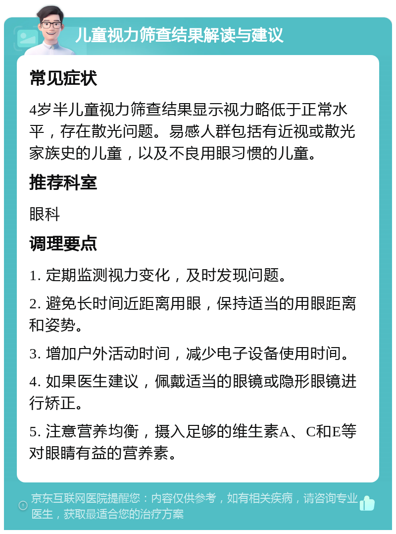 儿童视力筛查结果解读与建议 常见症状 4岁半儿童视力筛查结果显示视力略低于正常水平，存在散光问题。易感人群包括有近视或散光家族史的儿童，以及不良用眼习惯的儿童。 推荐科室 眼科 调理要点 1. 定期监测视力变化，及时发现问题。 2. 避免长时间近距离用眼，保持适当的用眼距离和姿势。 3. 增加户外活动时间，减少电子设备使用时间。 4. 如果医生建议，佩戴适当的眼镜或隐形眼镜进行矫正。 5. 注意营养均衡，摄入足够的维生素A、C和E等对眼睛有益的营养素。