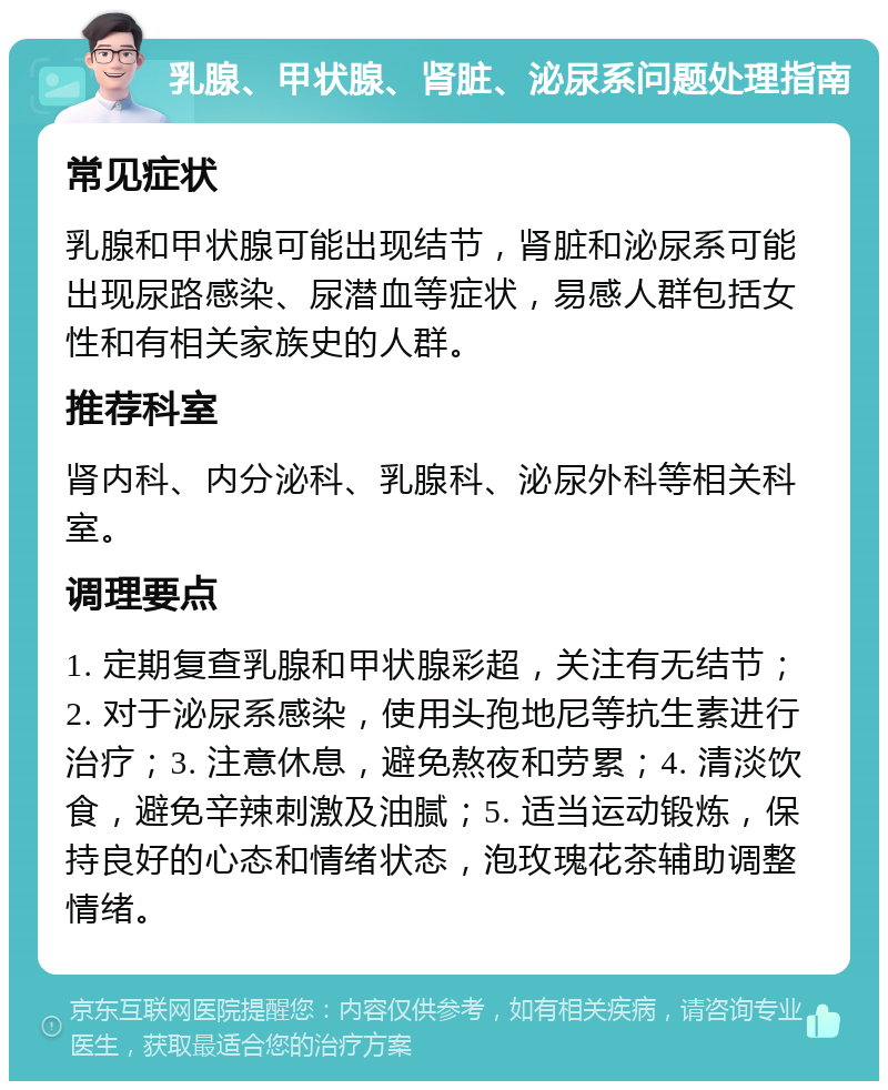 乳腺、甲状腺、肾脏、泌尿系问题处理指南 常见症状 乳腺和甲状腺可能出现结节，肾脏和泌尿系可能出现尿路感染、尿潜血等症状，易感人群包括女性和有相关家族史的人群。 推荐科室 肾内科、内分泌科、乳腺科、泌尿外科等相关科室。 调理要点 1. 定期复查乳腺和甲状腺彩超，关注有无结节；2. 对于泌尿系感染，使用头孢地尼等抗生素进行治疗；3. 注意休息，避免熬夜和劳累；4. 清淡饮食，避免辛辣刺激及油腻；5. 适当运动锻炼，保持良好的心态和情绪状态，泡玫瑰花茶辅助调整情绪。