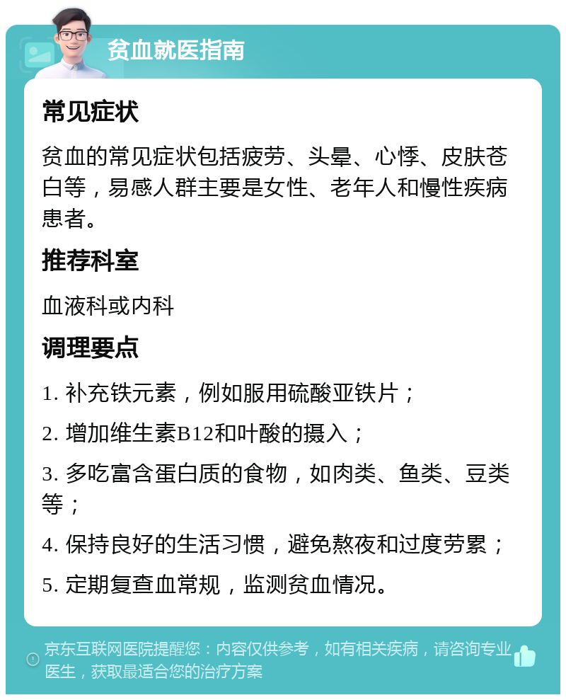 贫血就医指南 常见症状 贫血的常见症状包括疲劳、头晕、心悸、皮肤苍白等，易感人群主要是女性、老年人和慢性疾病患者。 推荐科室 血液科或内科 调理要点 1. 补充铁元素，例如服用硫酸亚铁片； 2. 增加维生素B12和叶酸的摄入； 3. 多吃富含蛋白质的食物，如肉类、鱼类、豆类等； 4. 保持良好的生活习惯，避免熬夜和过度劳累； 5. 定期复查血常规，监测贫血情况。