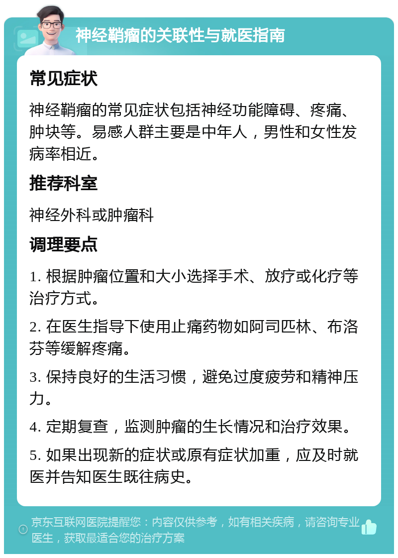 神经鞘瘤的关联性与就医指南 常见症状 神经鞘瘤的常见症状包括神经功能障碍、疼痛、肿块等。易感人群主要是中年人，男性和女性发病率相近。 推荐科室 神经外科或肿瘤科 调理要点 1. 根据肿瘤位置和大小选择手术、放疗或化疗等治疗方式。 2. 在医生指导下使用止痛药物如阿司匹林、布洛芬等缓解疼痛。 3. 保持良好的生活习惯，避免过度疲劳和精神压力。 4. 定期复查，监测肿瘤的生长情况和治疗效果。 5. 如果出现新的症状或原有症状加重，应及时就医并告知医生既往病史。