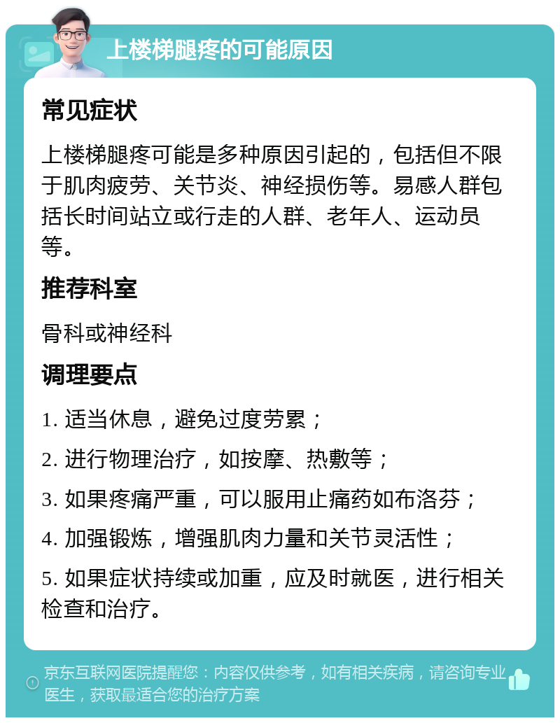 上楼梯腿疼的可能原因 常见症状 上楼梯腿疼可能是多种原因引起的，包括但不限于肌肉疲劳、关节炎、神经损伤等。易感人群包括长时间站立或行走的人群、老年人、运动员等。 推荐科室 骨科或神经科 调理要点 1. 适当休息，避免过度劳累； 2. 进行物理治疗，如按摩、热敷等； 3. 如果疼痛严重，可以服用止痛药如布洛芬； 4. 加强锻炼，增强肌肉力量和关节灵活性； 5. 如果症状持续或加重，应及时就医，进行相关检查和治疗。