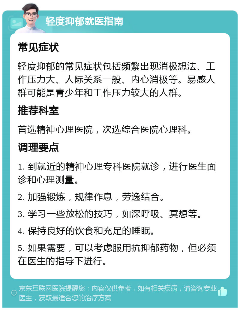 轻度抑郁就医指南 常见症状 轻度抑郁的常见症状包括频繁出现消极想法、工作压力大、人际关系一般、内心消极等。易感人群可能是青少年和工作压力较大的人群。 推荐科室 首选精神心理医院，次选综合医院心理科。 调理要点 1. 到就近的精神心理专科医院就诊，进行医生面诊和心理测量。 2. 加强锻炼，规律作息，劳逸结合。 3. 学习一些放松的技巧，如深呼吸、冥想等。 4. 保持良好的饮食和充足的睡眠。 5. 如果需要，可以考虑服用抗抑郁药物，但必须在医生的指导下进行。