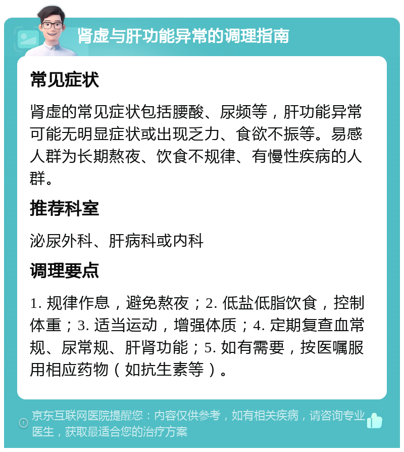 肾虚与肝功能异常的调理指南 常见症状 肾虚的常见症状包括腰酸、尿频等，肝功能异常可能无明显症状或出现乏力、食欲不振等。易感人群为长期熬夜、饮食不规律、有慢性疾病的人群。 推荐科室 泌尿外科、肝病科或内科 调理要点 1. 规律作息，避免熬夜；2. 低盐低脂饮食，控制体重；3. 适当运动，增强体质；4. 定期复查血常规、尿常规、肝肾功能；5. 如有需要，按医嘱服用相应药物（如抗生素等）。