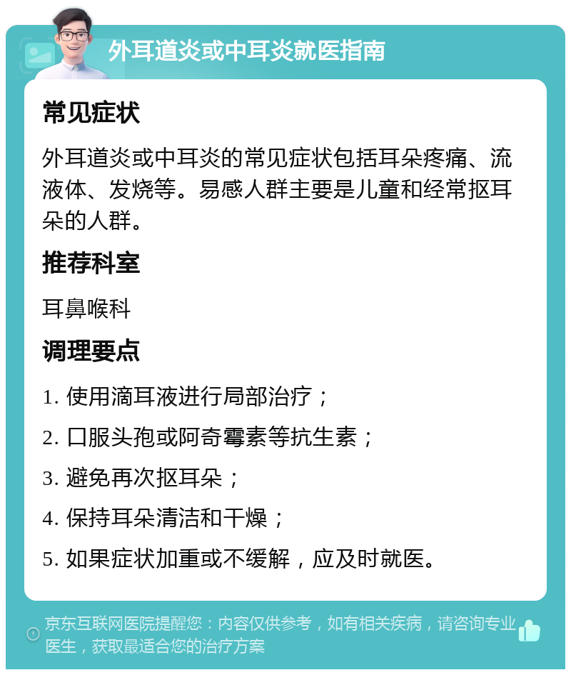 外耳道炎或中耳炎就医指南 常见症状 外耳道炎或中耳炎的常见症状包括耳朵疼痛、流液体、发烧等。易感人群主要是儿童和经常抠耳朵的人群。 推荐科室 耳鼻喉科 调理要点 1. 使用滴耳液进行局部治疗； 2. 口服头孢或阿奇霉素等抗生素； 3. 避免再次抠耳朵； 4. 保持耳朵清洁和干燥； 5. 如果症状加重或不缓解，应及时就医。