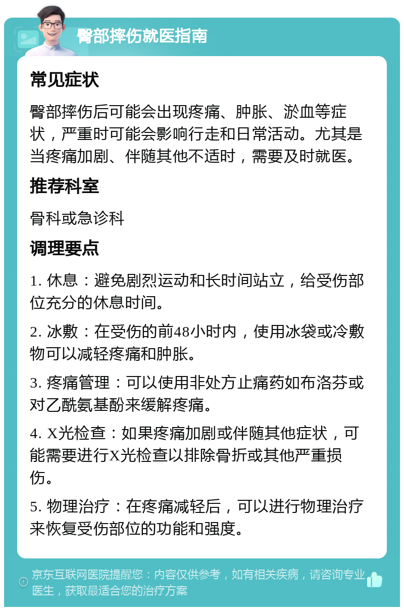 臀部摔伤就医指南 常见症状 臀部摔伤后可能会出现疼痛、肿胀、淤血等症状，严重时可能会影响行走和日常活动。尤其是当疼痛加剧、伴随其他不适时，需要及时就医。 推荐科室 骨科或急诊科 调理要点 1. 休息：避免剧烈运动和长时间站立，给受伤部位充分的休息时间。 2. 冰敷：在受伤的前48小时内，使用冰袋或冷敷物可以减轻疼痛和肿胀。 3. 疼痛管理：可以使用非处方止痛药如布洛芬或对乙酰氨基酚来缓解疼痛。 4. X光检查：如果疼痛加剧或伴随其他症状，可能需要进行X光检查以排除骨折或其他严重损伤。 5. 物理治疗：在疼痛减轻后，可以进行物理治疗来恢复受伤部位的功能和强度。