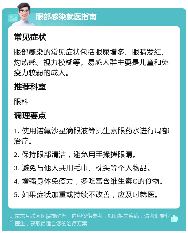 眼部感染就医指南 常见症状 眼部感染的常见症状包括眼屎增多、眼睛发红、灼热感、视力模糊等。易感人群主要是儿童和免疫力较弱的成人。 推荐科室 眼科 调理要点 1. 使用诺氟沙星滴眼液等抗生素眼药水进行局部治疗。 2. 保持眼部清洁，避免用手揉搓眼睛。 3. 避免与他人共用毛巾、枕头等个人物品。 4. 增强身体免疫力，多吃富含维生素C的食物。 5. 如果症状加重或持续不改善，应及时就医。