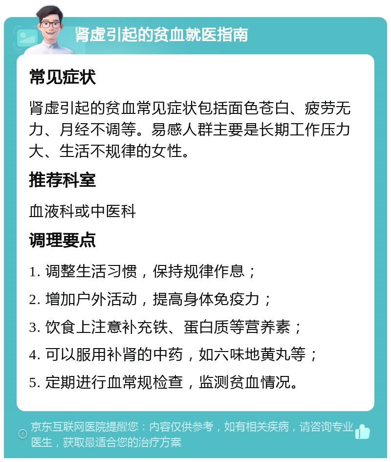 肾虚引起的贫血就医指南 常见症状 肾虚引起的贫血常见症状包括面色苍白、疲劳无力、月经不调等。易感人群主要是长期工作压力大、生活不规律的女性。 推荐科室 血液科或中医科 调理要点 1. 调整生活习惯，保持规律作息； 2. 增加户外活动，提高身体免疫力； 3. 饮食上注意补充铁、蛋白质等营养素； 4. 可以服用补肾的中药，如六味地黄丸等； 5. 定期进行血常规检查，监测贫血情况。