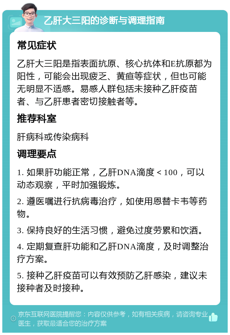 乙肝大三阳的诊断与调理指南 常见症状 乙肝大三阳是指表面抗原、核心抗体和E抗原都为阳性，可能会出现疲乏、黄疸等症状，但也可能无明显不适感。易感人群包括未接种乙肝疫苗者、与乙肝患者密切接触者等。 推荐科室 肝病科或传染病科 调理要点 1. 如果肝功能正常，乙肝DNA滴度＜100，可以动态观察，平时加强锻炼。 2. 遵医嘱进行抗病毒治疗，如使用恩替卡韦等药物。 3. 保持良好的生活习惯，避免过度劳累和饮酒。 4. 定期复查肝功能和乙肝DNA滴度，及时调整治疗方案。 5. 接种乙肝疫苗可以有效预防乙肝感染，建议未接种者及时接种。