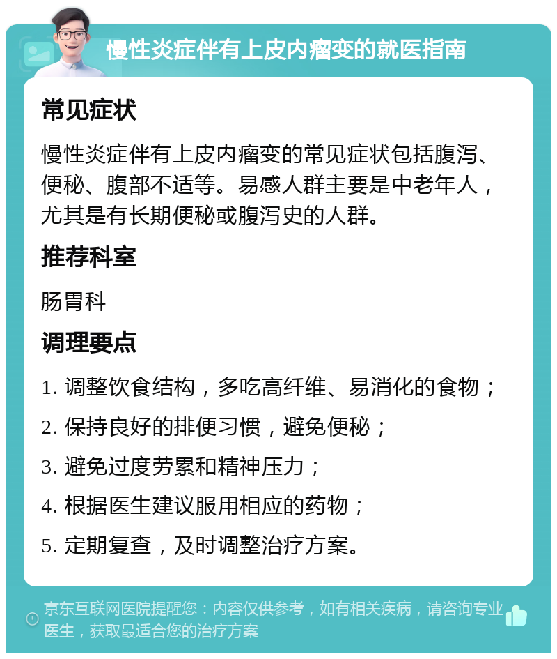 慢性炎症伴有上皮内瘤变的就医指南 常见症状 慢性炎症伴有上皮内瘤变的常见症状包括腹泻、便秘、腹部不适等。易感人群主要是中老年人，尤其是有长期便秘或腹泻史的人群。 推荐科室 肠胃科 调理要点 1. 调整饮食结构，多吃高纤维、易消化的食物； 2. 保持良好的排便习惯，避免便秘； 3. 避免过度劳累和精神压力； 4. 根据医生建议服用相应的药物； 5. 定期复查，及时调整治疗方案。