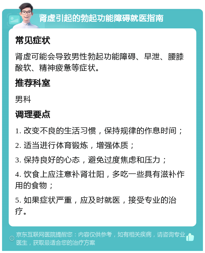 肾虚引起的勃起功能障碍就医指南 常见症状 肾虚可能会导致男性勃起功能障碍、早泄、腰膝酸软、精神疲惫等症状。 推荐科室 男科 调理要点 1. 改变不良的生活习惯，保持规律的作息时间； 2. 适当进行体育锻炼，增强体质； 3. 保持良好的心态，避免过度焦虑和压力； 4. 饮食上应注意补肾壮阳，多吃一些具有滋补作用的食物； 5. 如果症状严重，应及时就医，接受专业的治疗。