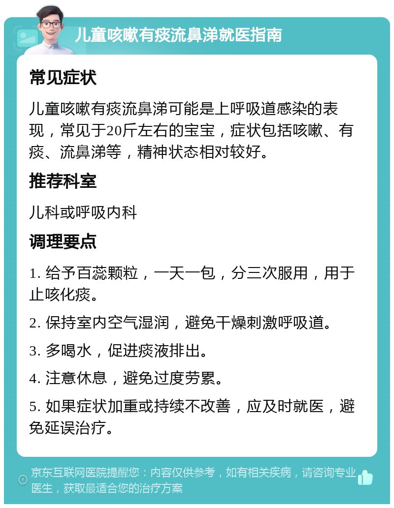 儿童咳嗽有痰流鼻涕就医指南 常见症状 儿童咳嗽有痰流鼻涕可能是上呼吸道感染的表现，常见于20斤左右的宝宝，症状包括咳嗽、有痰、流鼻涕等，精神状态相对较好。 推荐科室 儿科或呼吸内科 调理要点 1. 给予百蕊颗粒，一天一包，分三次服用，用于止咳化痰。 2. 保持室内空气湿润，避免干燥刺激呼吸道。 3. 多喝水，促进痰液排出。 4. 注意休息，避免过度劳累。 5. 如果症状加重或持续不改善，应及时就医，避免延误治疗。