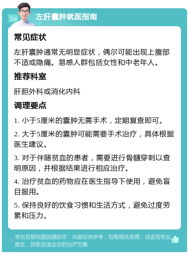 左肝囊肿就医指南 常见症状 左肝囊肿通常无明显症状，偶尔可能出现上腹部不适或隐痛。易感人群包括女性和中老年人。 推荐科室 肝胆外科或消化内科 调理要点 1. 小于5厘米的囊肿无需手术，定期复查即可。 2. 大于5厘米的囊肿可能需要手术治疗，具体根据医生建议。 3. 对于伴随贫血的患者，需要进行骨髓穿刺以查明原因，并根据结果进行相应治疗。 4. 治疗贫血的药物应在医生指导下使用，避免盲目服用。 5. 保持良好的饮食习惯和生活方式，避免过度劳累和压力。