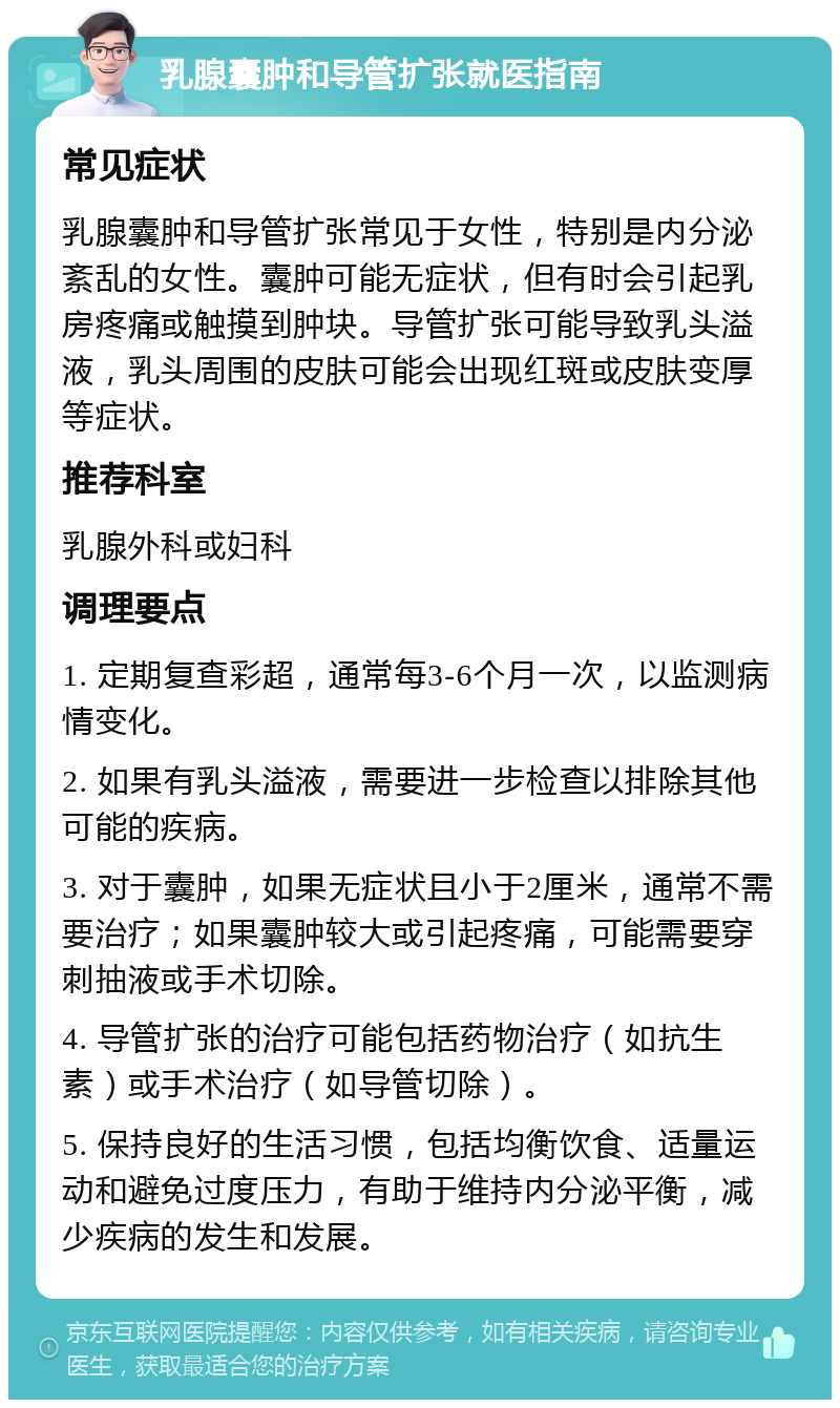 乳腺囊肿和导管扩张就医指南 常见症状 乳腺囊肿和导管扩张常见于女性，特别是内分泌紊乱的女性。囊肿可能无症状，但有时会引起乳房疼痛或触摸到肿块。导管扩张可能导致乳头溢液，乳头周围的皮肤可能会出现红斑或皮肤变厚等症状。 推荐科室 乳腺外科或妇科 调理要点 1. 定期复查彩超，通常每3-6个月一次，以监测病情变化。 2. 如果有乳头溢液，需要进一步检查以排除其他可能的疾病。 3. 对于囊肿，如果无症状且小于2厘米，通常不需要治疗；如果囊肿较大或引起疼痛，可能需要穿刺抽液或手术切除。 4. 导管扩张的治疗可能包括药物治疗（如抗生素）或手术治疗（如导管切除）。 5. 保持良好的生活习惯，包括均衡饮食、适量运动和避免过度压力，有助于维持内分泌平衡，减少疾病的发生和发展。