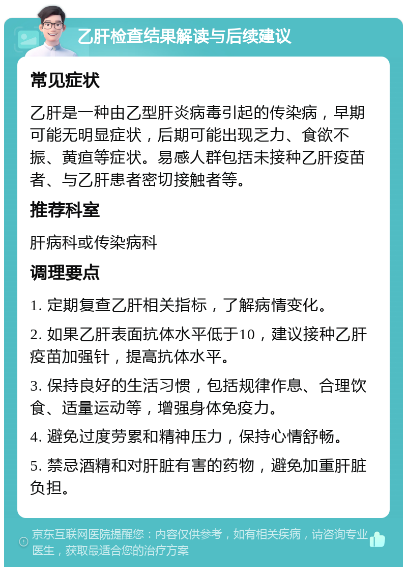 乙肝检查结果解读与后续建议 常见症状 乙肝是一种由乙型肝炎病毒引起的传染病，早期可能无明显症状，后期可能出现乏力、食欲不振、黄疸等症状。易感人群包括未接种乙肝疫苗者、与乙肝患者密切接触者等。 推荐科室 肝病科或传染病科 调理要点 1. 定期复查乙肝相关指标，了解病情变化。 2. 如果乙肝表面抗体水平低于10，建议接种乙肝疫苗加强针，提高抗体水平。 3. 保持良好的生活习惯，包括规律作息、合理饮食、适量运动等，增强身体免疫力。 4. 避免过度劳累和精神压力，保持心情舒畅。 5. 禁忌酒精和对肝脏有害的药物，避免加重肝脏负担。