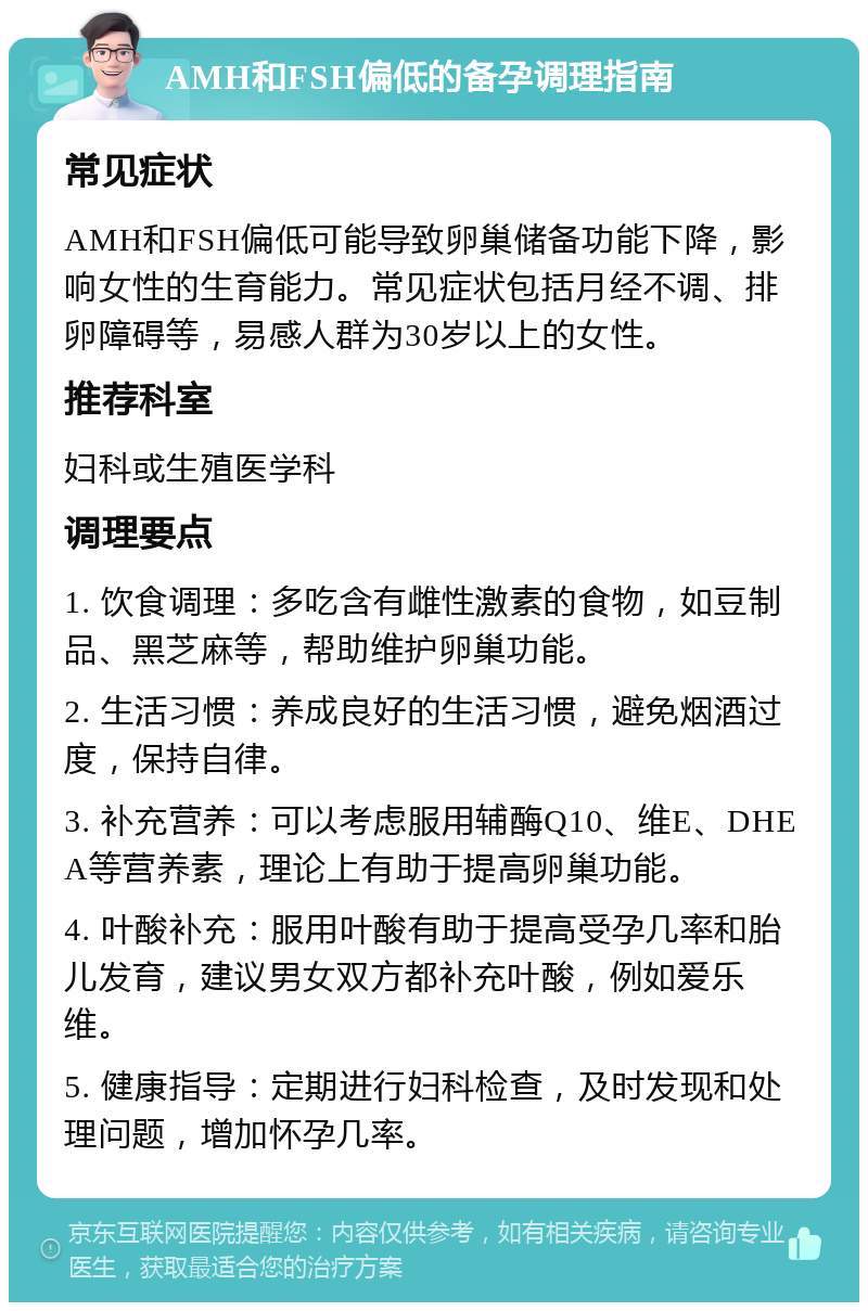 AMH和FSH偏低的备孕调理指南 常见症状 AMH和FSH偏低可能导致卵巢储备功能下降，影响女性的生育能力。常见症状包括月经不调、排卵障碍等，易感人群为30岁以上的女性。 推荐科室 妇科或生殖医学科 调理要点 1. 饮食调理：多吃含有雌性激素的食物，如豆制品、黑芝麻等，帮助维护卵巢功能。 2. 生活习惯：养成良好的生活习惯，避免烟酒过度，保持自律。 3. 补充营养：可以考虑服用辅酶Q10、维E、DHEA等营养素，理论上有助于提高卵巢功能。 4. 叶酸补充：服用叶酸有助于提高受孕几率和胎儿发育，建议男女双方都补充叶酸，例如爱乐维。 5. 健康指导：定期进行妇科检查，及时发现和处理问题，增加怀孕几率。