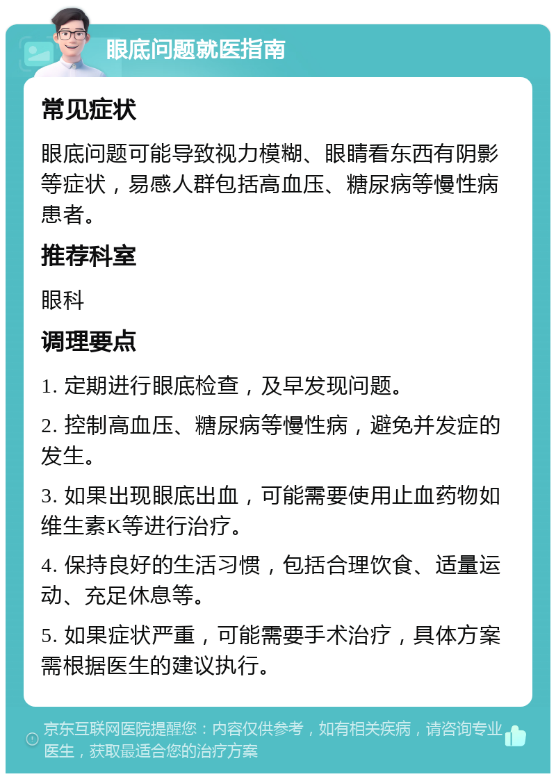 眼底问题就医指南 常见症状 眼底问题可能导致视力模糊、眼睛看东西有阴影等症状，易感人群包括高血压、糖尿病等慢性病患者。 推荐科室 眼科 调理要点 1. 定期进行眼底检查，及早发现问题。 2. 控制高血压、糖尿病等慢性病，避免并发症的发生。 3. 如果出现眼底出血，可能需要使用止血药物如维生素K等进行治疗。 4. 保持良好的生活习惯，包括合理饮食、适量运动、充足休息等。 5. 如果症状严重，可能需要手术治疗，具体方案需根据医生的建议执行。