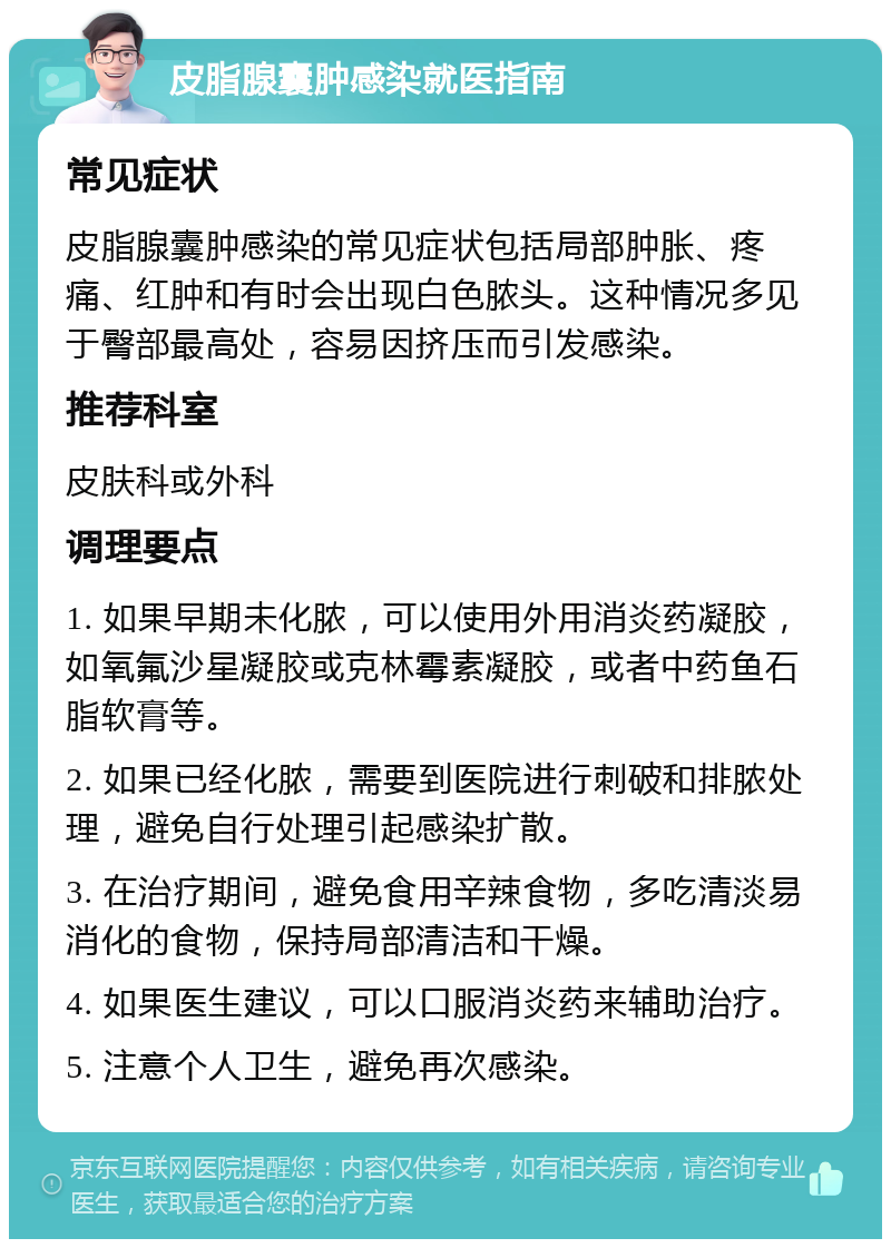 皮脂腺囊肿感染就医指南 常见症状 皮脂腺囊肿感染的常见症状包括局部肿胀、疼痛、红肿和有时会出现白色脓头。这种情况多见于臀部最高处，容易因挤压而引发感染。 推荐科室 皮肤科或外科 调理要点 1. 如果早期未化脓，可以使用外用消炎药凝胶，如氧氟沙星凝胶或克林霉素凝胶，或者中药鱼石脂软膏等。 2. 如果已经化脓，需要到医院进行刺破和排脓处理，避免自行处理引起感染扩散。 3. 在治疗期间，避免食用辛辣食物，多吃清淡易消化的食物，保持局部清洁和干燥。 4. 如果医生建议，可以口服消炎药来辅助治疗。 5. 注意个人卫生，避免再次感染。