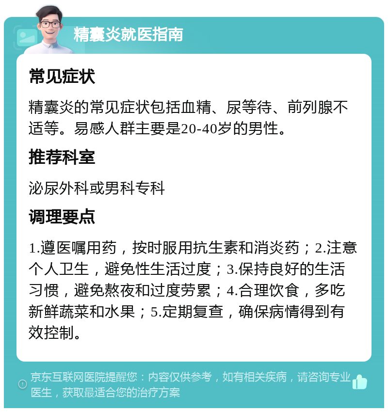 精囊炎就医指南 常见症状 精囊炎的常见症状包括血精、尿等待、前列腺不适等。易感人群主要是20-40岁的男性。 推荐科室 泌尿外科或男科专科 调理要点 1.遵医嘱用药，按时服用抗生素和消炎药；2.注意个人卫生，避免性生活过度；3.保持良好的生活习惯，避免熬夜和过度劳累；4.合理饮食，多吃新鲜蔬菜和水果；5.定期复查，确保病情得到有效控制。