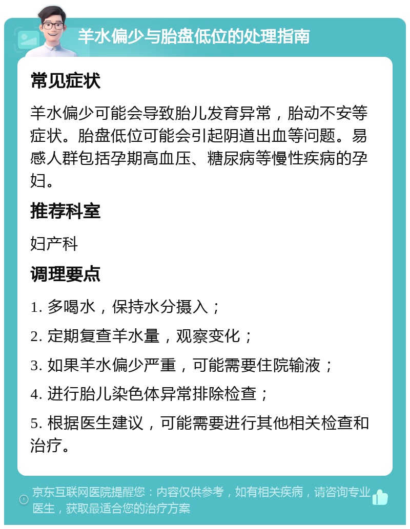 羊水偏少与胎盘低位的处理指南 常见症状 羊水偏少可能会导致胎儿发育异常，胎动不安等症状。胎盘低位可能会引起阴道出血等问题。易感人群包括孕期高血压、糖尿病等慢性疾病的孕妇。 推荐科室 妇产科 调理要点 1. 多喝水，保持水分摄入； 2. 定期复查羊水量，观察变化； 3. 如果羊水偏少严重，可能需要住院输液； 4. 进行胎儿染色体异常排除检查； 5. 根据医生建议，可能需要进行其他相关检查和治疗。