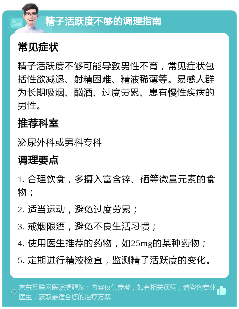 精子活跃度不够的调理指南 常见症状 精子活跃度不够可能导致男性不育，常见症状包括性欲减退、射精困难、精液稀薄等。易感人群为长期吸烟、酗酒、过度劳累、患有慢性疾病的男性。 推荐科室 泌尿外科或男科专科 调理要点 1. 合理饮食，多摄入富含锌、硒等微量元素的食物； 2. 适当运动，避免过度劳累； 3. 戒烟限酒，避免不良生活习惯； 4. 使用医生推荐的药物，如25mg的某种药物； 5. 定期进行精液检查，监测精子活跃度的变化。