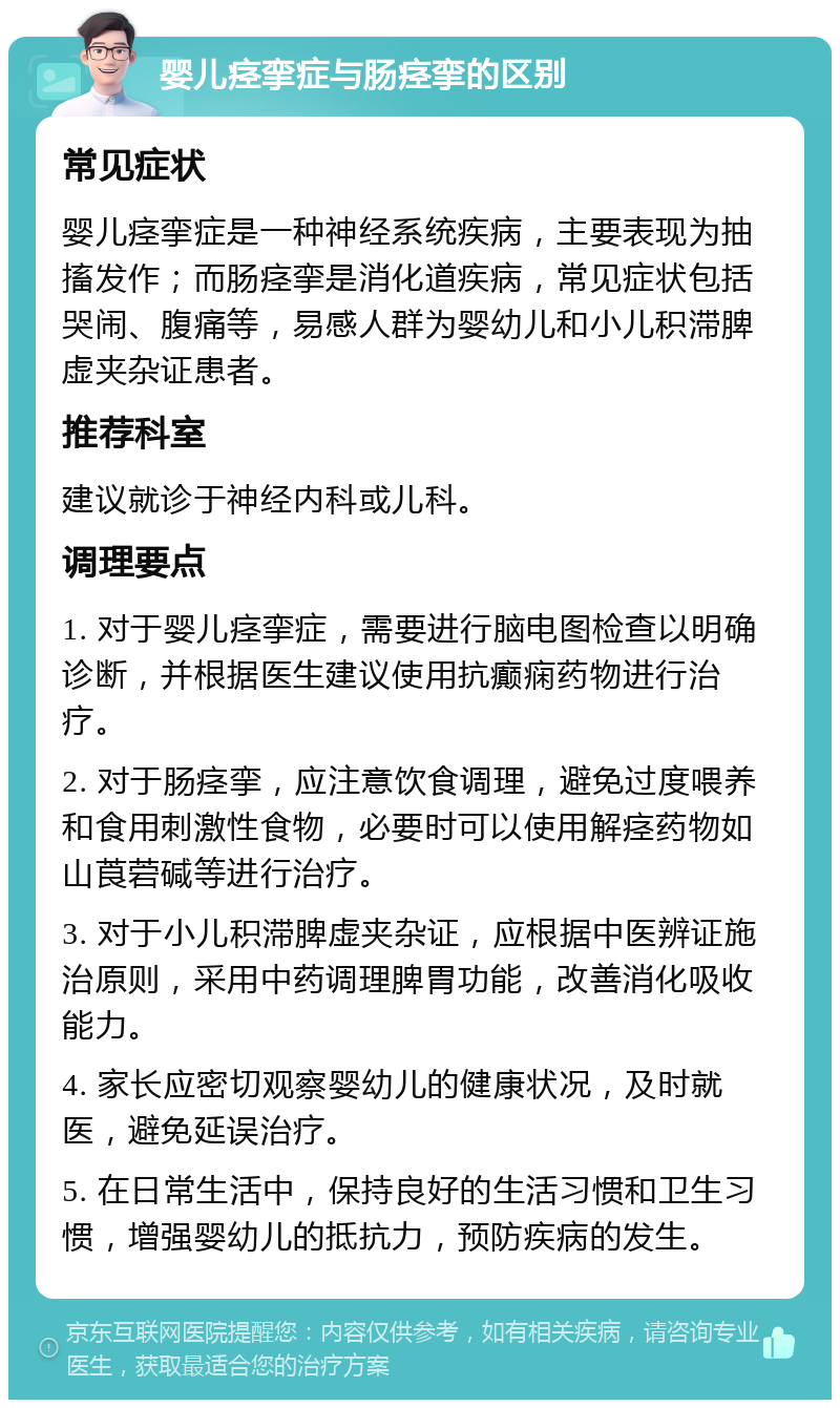 婴儿痉挛症与肠痉挛的区别 常见症状 婴儿痉挛症是一种神经系统疾病，主要表现为抽搐发作；而肠痉挛是消化道疾病，常见症状包括哭闹、腹痛等，易感人群为婴幼儿和小儿积滞脾虚夹杂证患者。 推荐科室 建议就诊于神经内科或儿科。 调理要点 1. 对于婴儿痉挛症，需要进行脑电图检查以明确诊断，并根据医生建议使用抗癫痫药物进行治疗。 2. 对于肠痉挛，应注意饮食调理，避免过度喂养和食用刺激性食物，必要时可以使用解痉药物如山莨菪碱等进行治疗。 3. 对于小儿积滞脾虚夹杂证，应根据中医辨证施治原则，采用中药调理脾胃功能，改善消化吸收能力。 4. 家长应密切观察婴幼儿的健康状况，及时就医，避免延误治疗。 5. 在日常生活中，保持良好的生活习惯和卫生习惯，增强婴幼儿的抵抗力，预防疾病的发生。