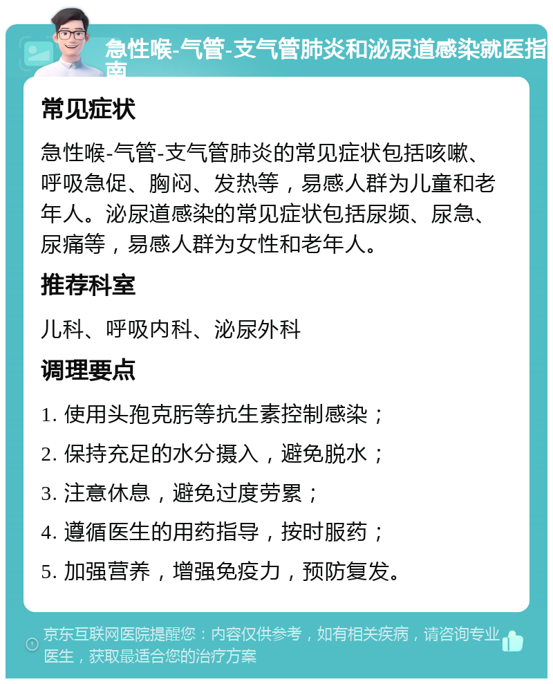 急性喉-气管-支气管肺炎和泌尿道感染就医指南 常见症状 急性喉-气管-支气管肺炎的常见症状包括咳嗽、呼吸急促、胸闷、发热等，易感人群为儿童和老年人。泌尿道感染的常见症状包括尿频、尿急、尿痛等，易感人群为女性和老年人。 推荐科室 儿科、呼吸内科、泌尿外科 调理要点 1. 使用头孢克肟等抗生素控制感染； 2. 保持充足的水分摄入，避免脱水； 3. 注意休息，避免过度劳累； 4. 遵循医生的用药指导，按时服药； 5. 加强营养，增强免疫力，预防复发。