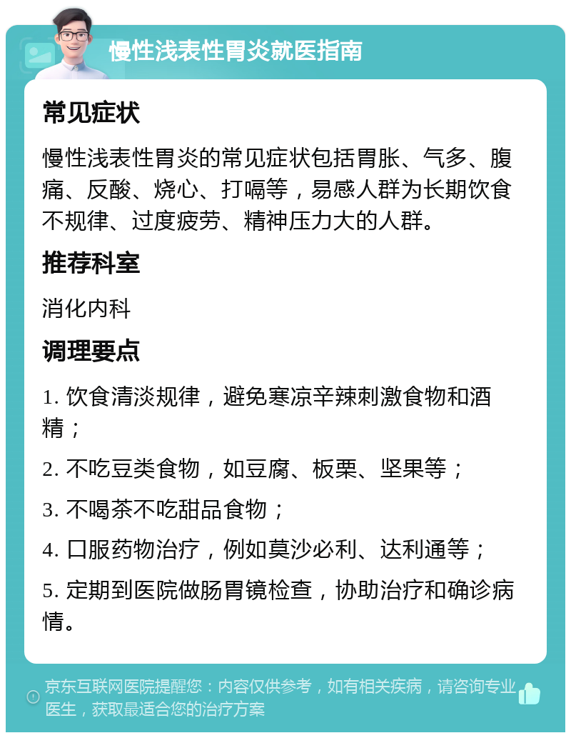 慢性浅表性胃炎就医指南 常见症状 慢性浅表性胃炎的常见症状包括胃胀、气多、腹痛、反酸、烧心、打嗝等，易感人群为长期饮食不规律、过度疲劳、精神压力大的人群。 推荐科室 消化内科 调理要点 1. 饮食清淡规律，避免寒凉辛辣刺激食物和酒精； 2. 不吃豆类食物，如豆腐、板栗、坚果等； 3. 不喝茶不吃甜品食物； 4. 口服药物治疗，例如莫沙必利、达利通等； 5. 定期到医院做肠胃镜检查，协助治疗和确诊病情。