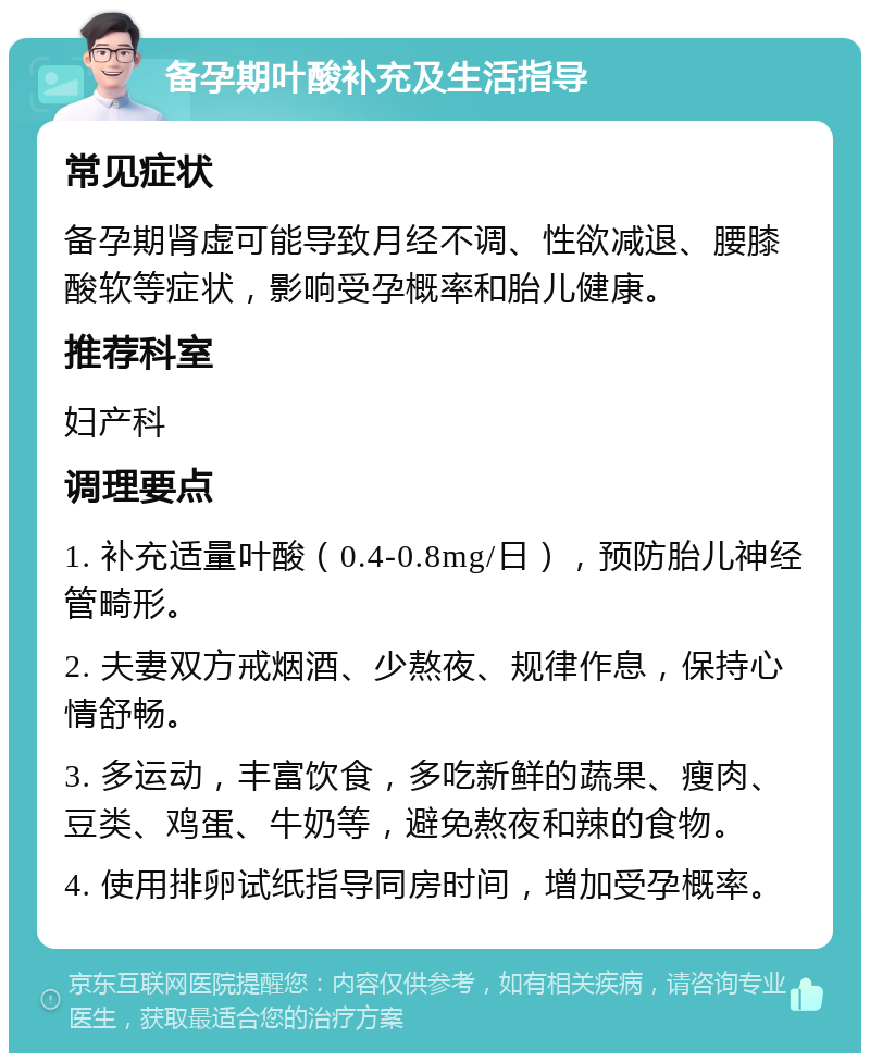 备孕期叶酸补充及生活指导 常见症状 备孕期肾虚可能导致月经不调、性欲减退、腰膝酸软等症状，影响受孕概率和胎儿健康。 推荐科室 妇产科 调理要点 1. 补充适量叶酸（0.4-0.8mg/日），预防胎儿神经管畸形。 2. 夫妻双方戒烟酒、少熬夜、规律作息，保持心情舒畅。 3. 多运动，丰富饮食，多吃新鲜的蔬果、瘦肉、豆类、鸡蛋、牛奶等，避免熬夜和辣的食物。 4. 使用排卵试纸指导同房时间，增加受孕概率。